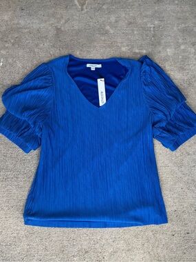 Chico's Cobalt Blue Textured V-Neck Puff-Sleeve Blouse